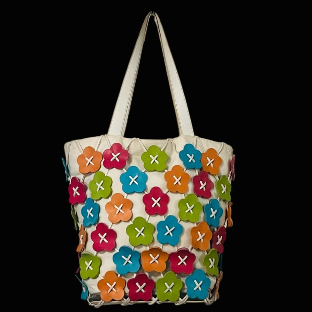 Nine West Florsl Embellished Colorful Canvas Faux Leather Tote Purse Bag - Picture 3 of 15